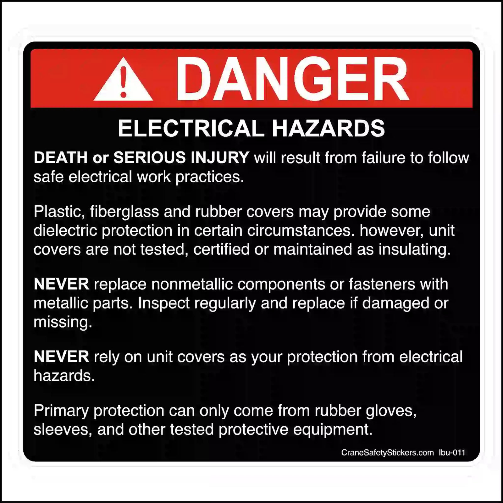 Warning sign about electrical hazards with text and red triangle warning symbol.