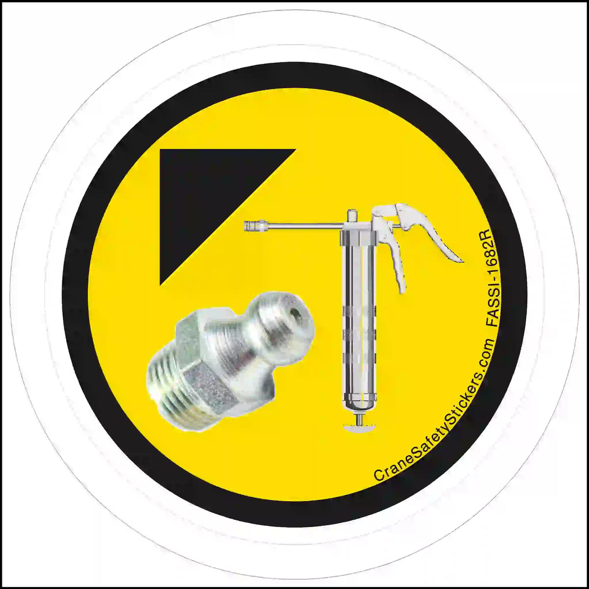 A round, yellow decal with a black border featuring a grease gun, a grease fitting, and a black triangle.