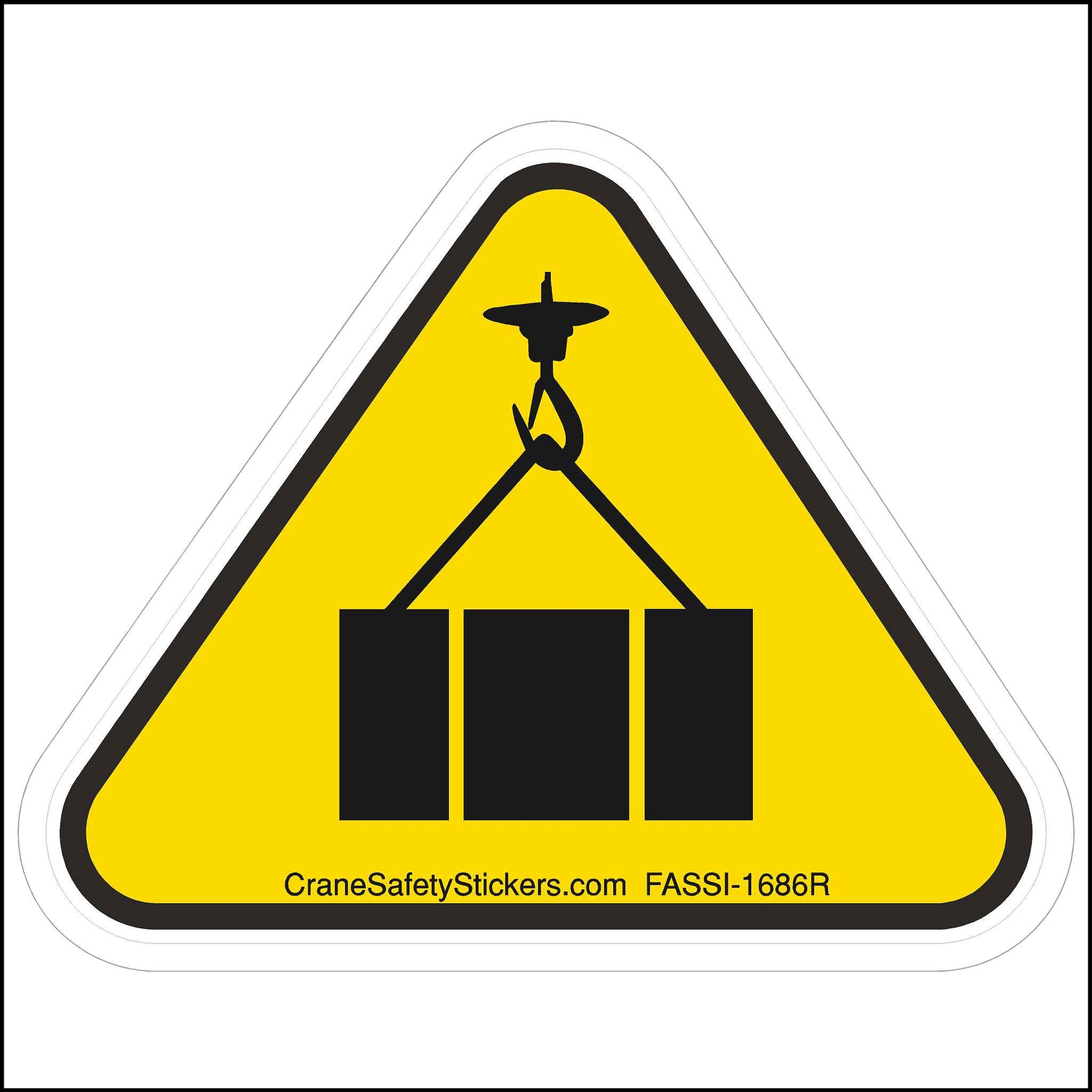 FASSI-1686 Overhead Load Safety Sticker. Printed in yellow and black with a crane hook holding a load.