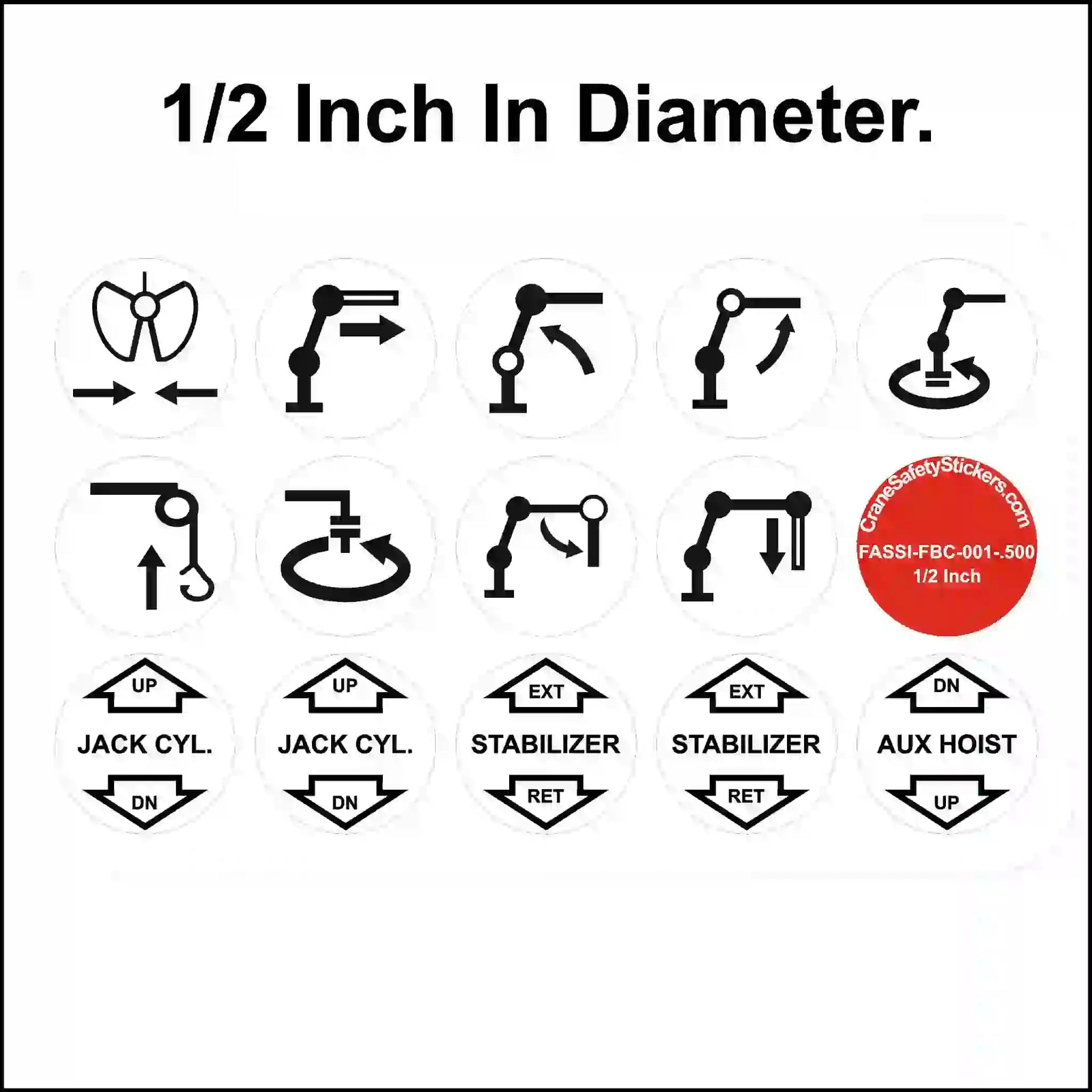 FASSI crane control lever decals, 1/2 inch size.