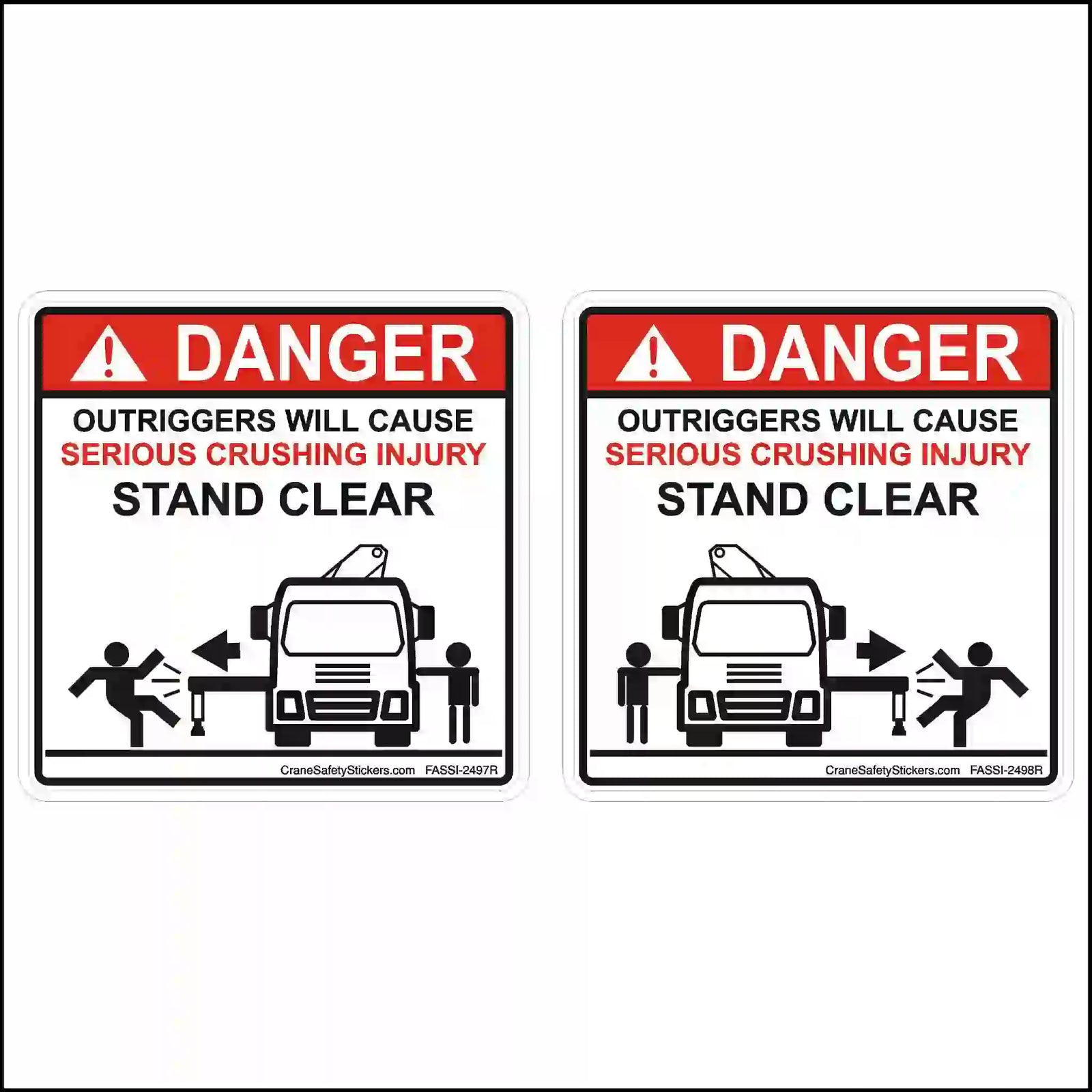 Two safety warning signs with a truck and people illustration, warning of outriggers causing serious crushing injury.