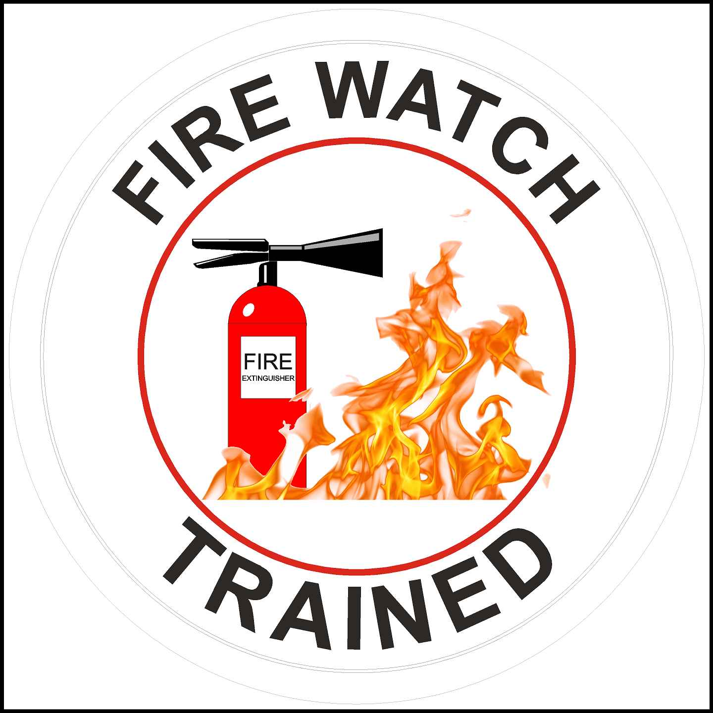 Fire watch trained sticker with a picture of fire and a fire extinguisher.