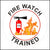 Fire watch trained sticker with a picture of fire and a fire extinguisher.