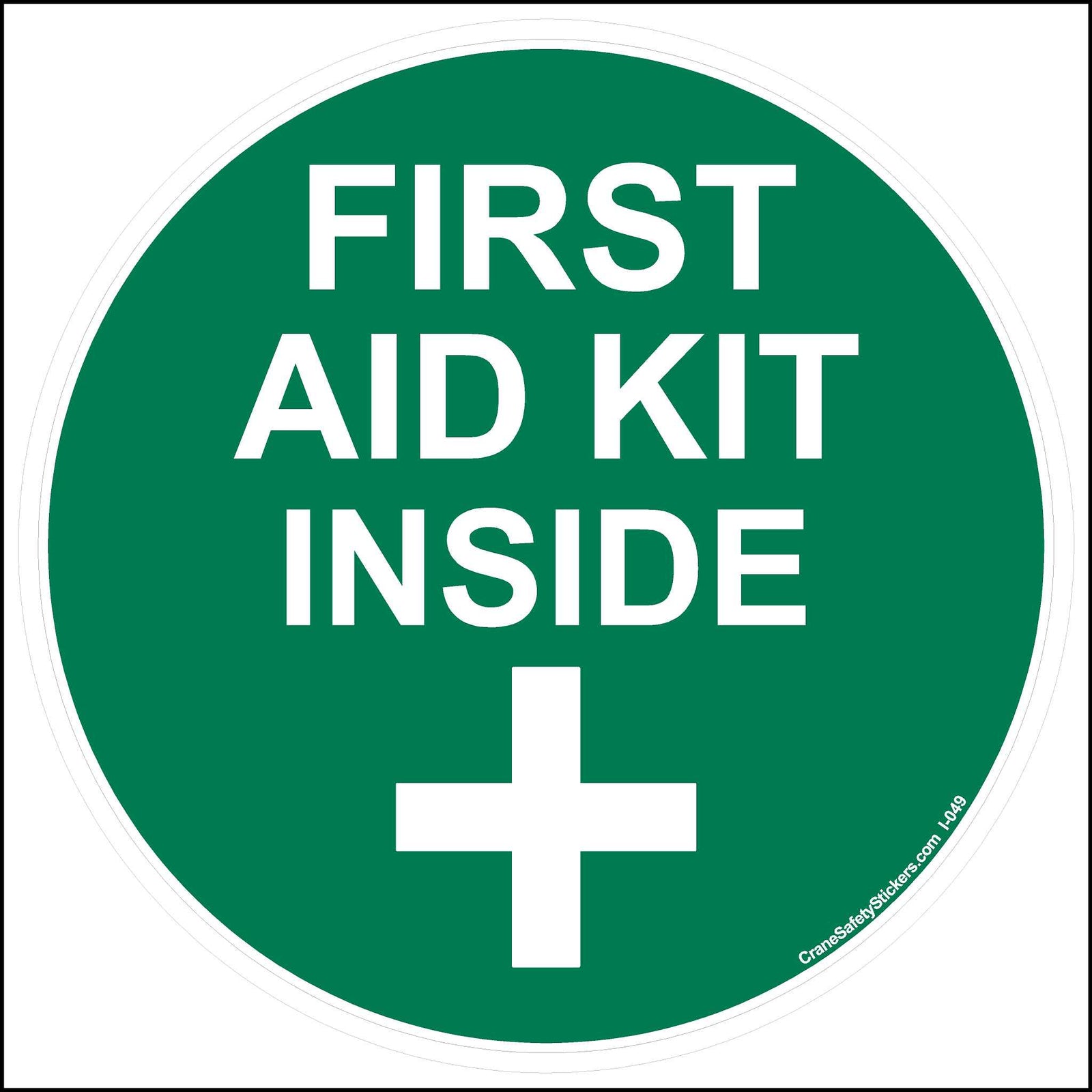 This First Aid Kit Sticker or Sign is Printed With a green background and white lettering reading. First Aid Kit Inside.