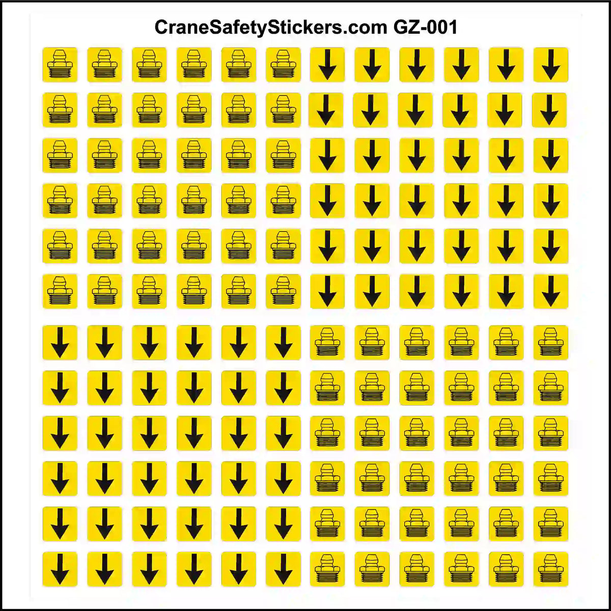 Collection of yellow and black safety stickers with grease zerk symbols and arrows on a white background.