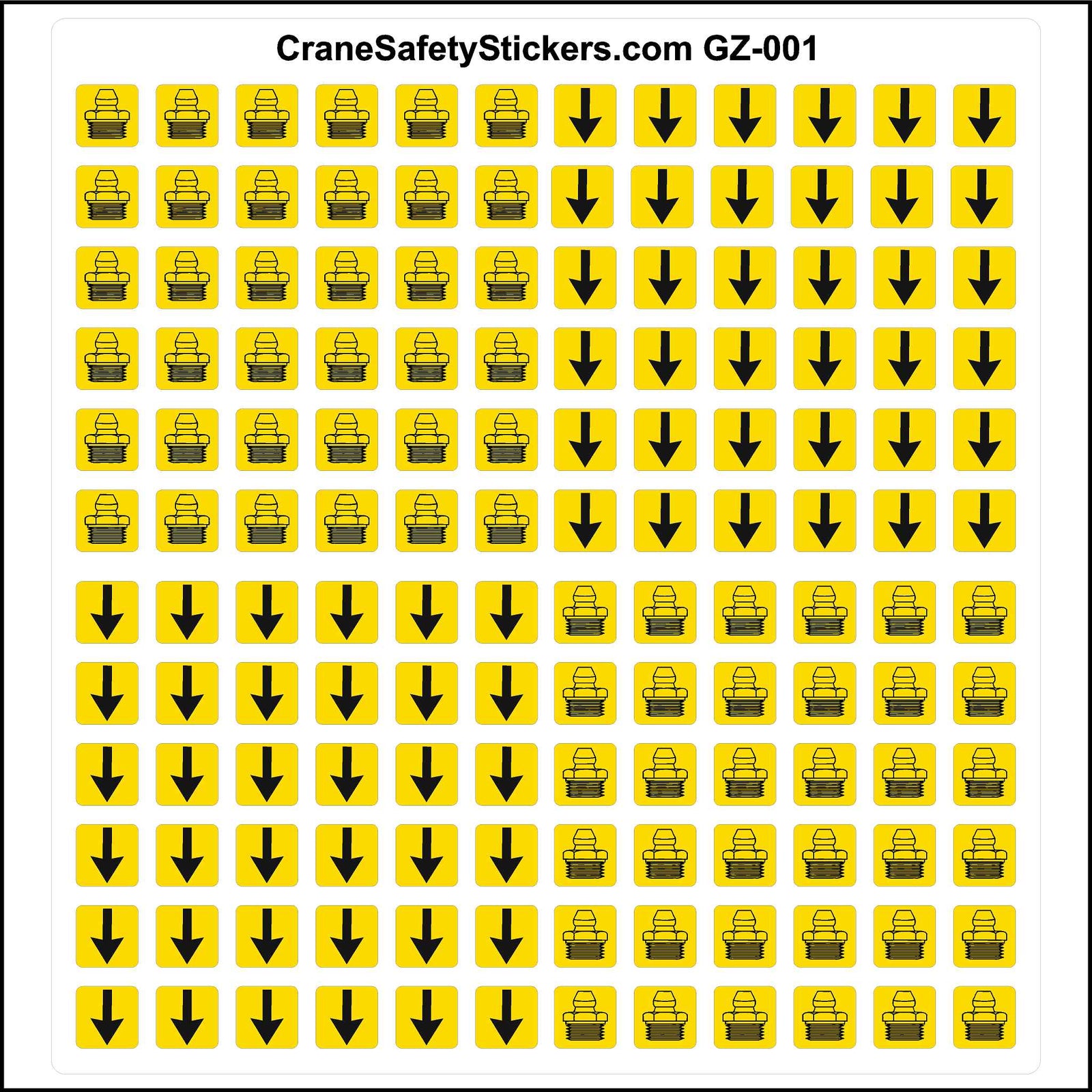 Grease zerk and arrow stickers printed with a picture of a grease zerk fitting in black on a yellow background. also, a black arrow on yellow background.