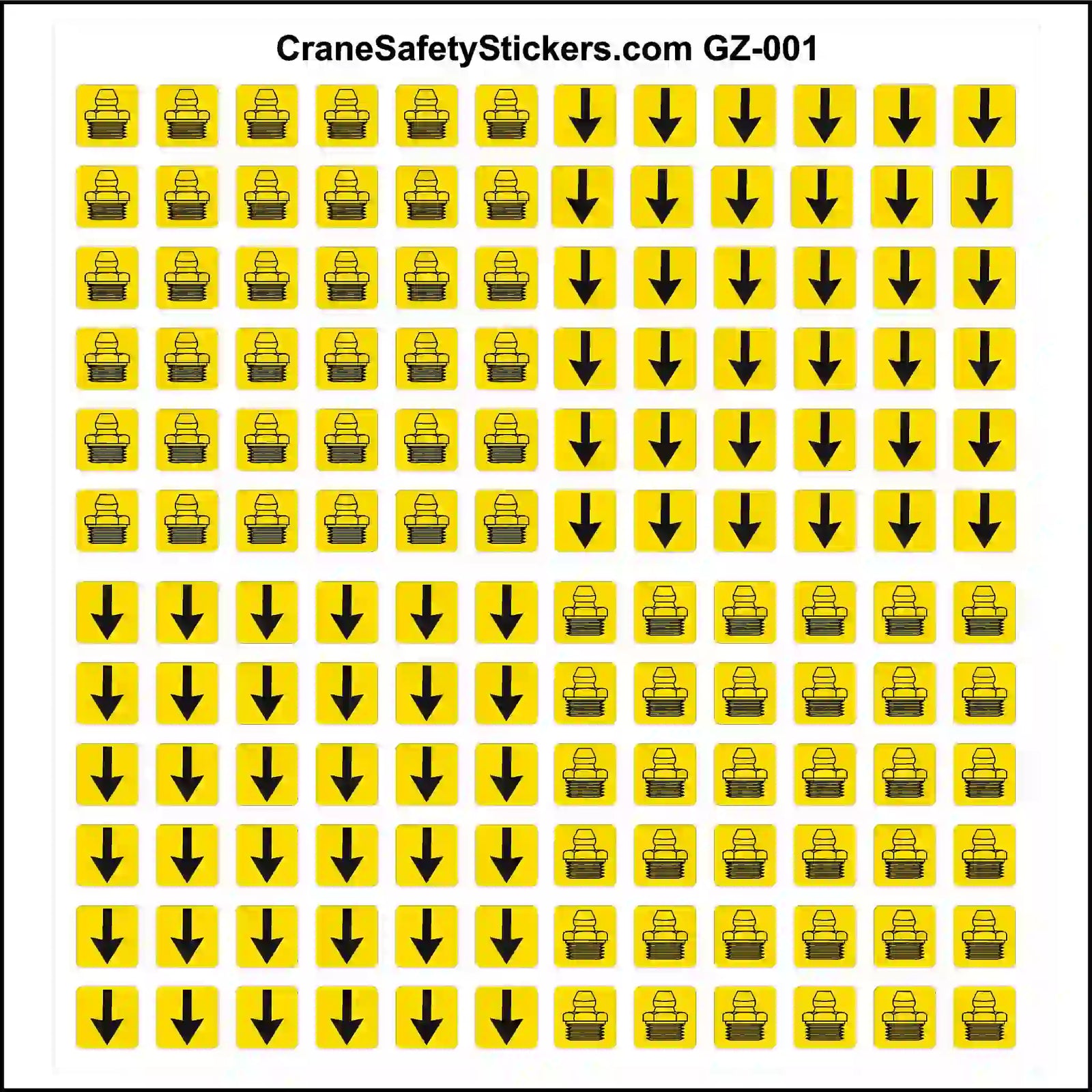 Collection of yellow and black safety stickers with grease zerk symbols and arrows on a white background.