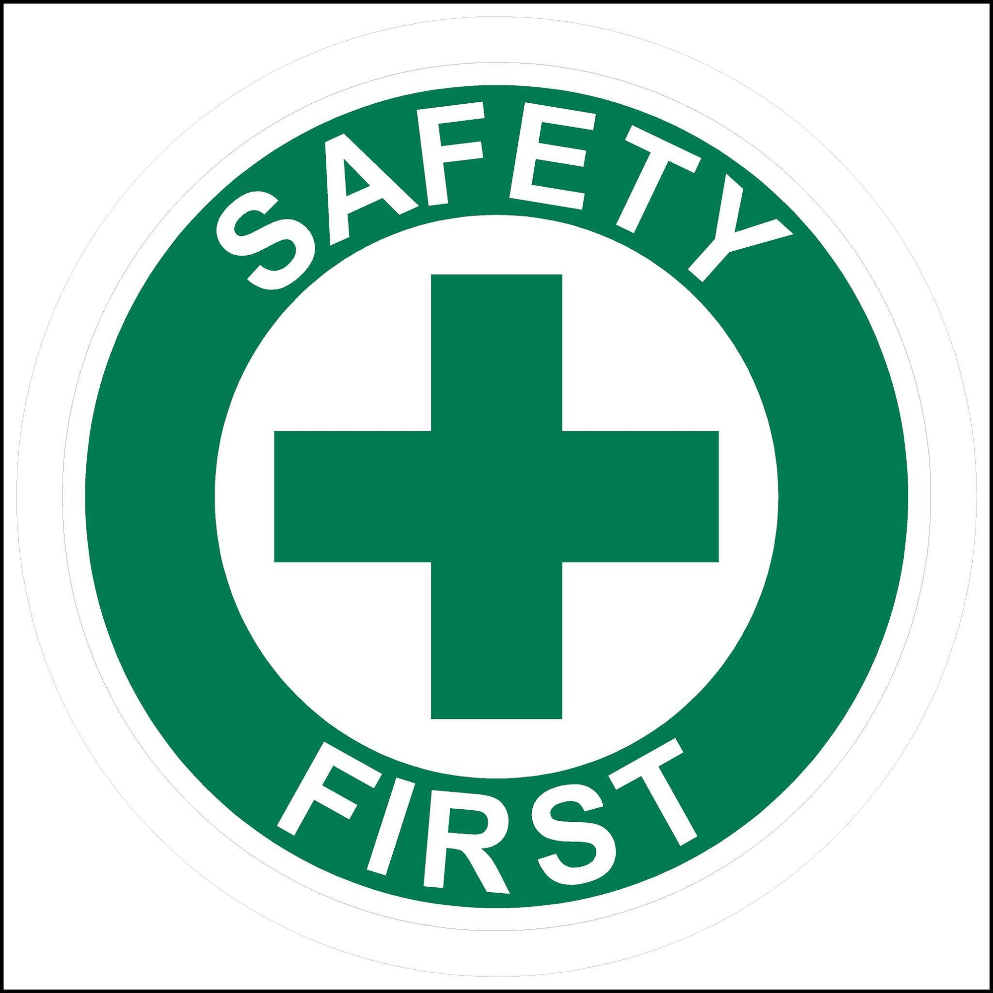 Green and white Safety first sticker.