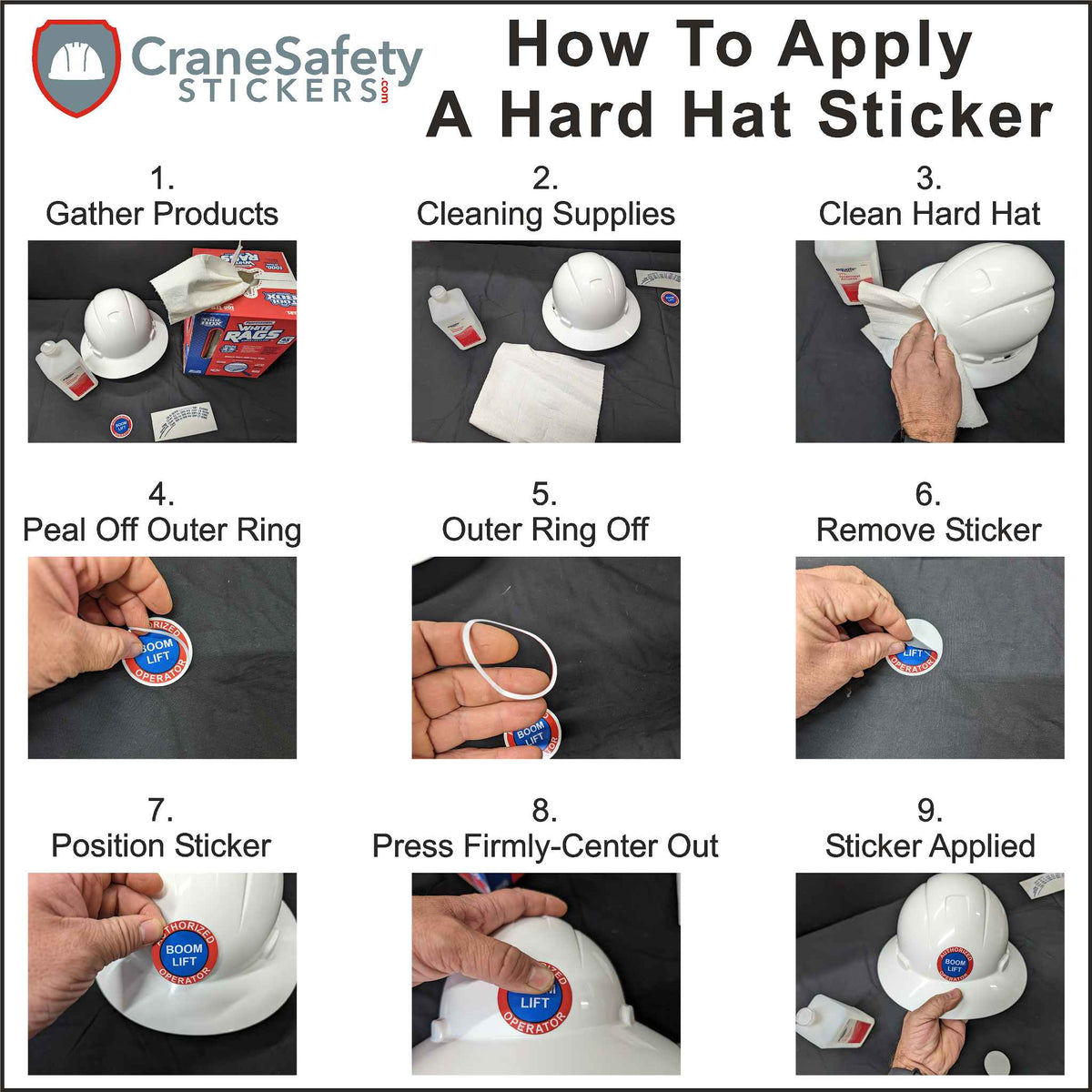directions on how to apply our safe worker hard hat sticker to a hard hat.