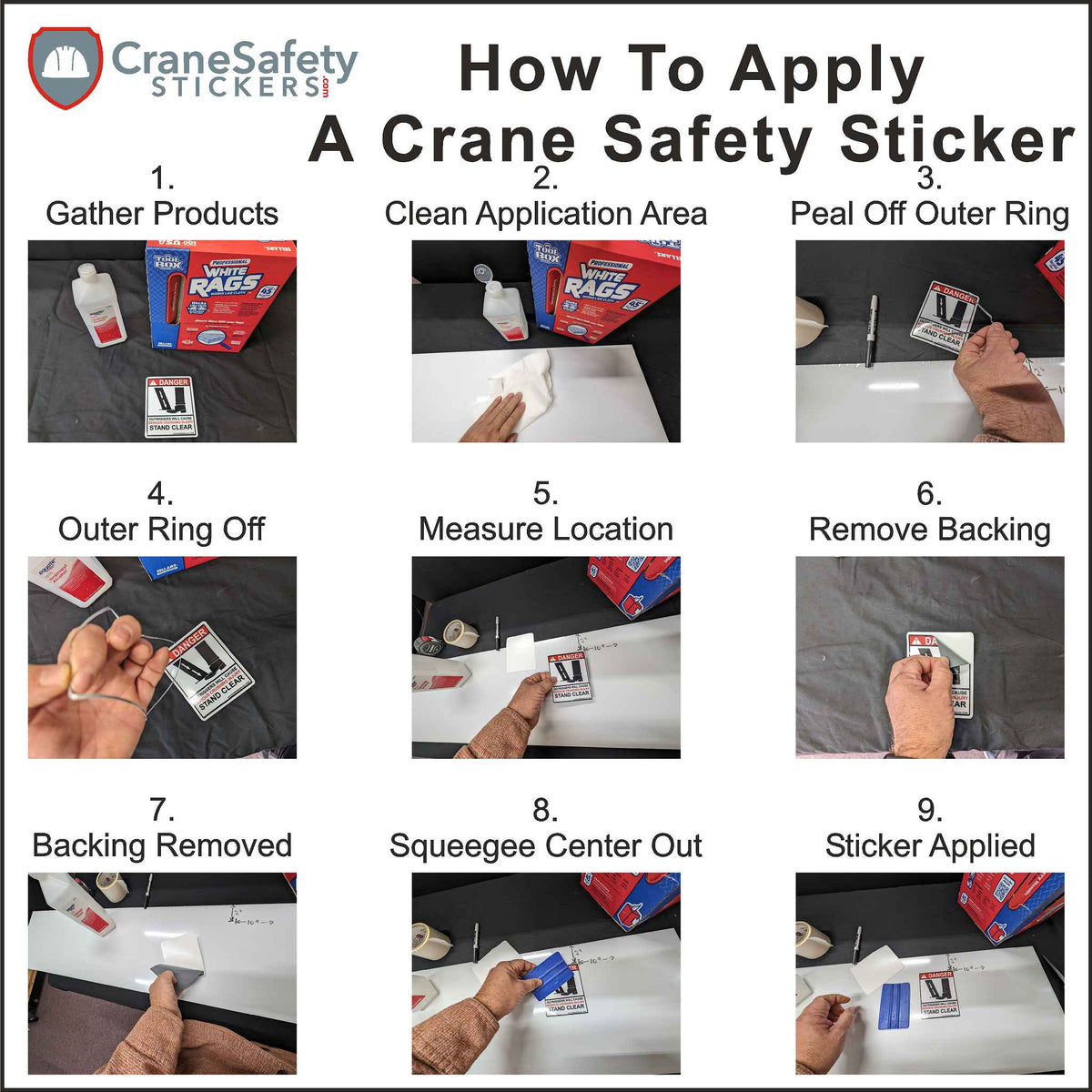 Directions On How to Apply Our Spanish Crane Swing Radius Protection Safety Decal Printed with &quot;La estructura que gira puede causar gaves lesiones o la muerte.&quot;