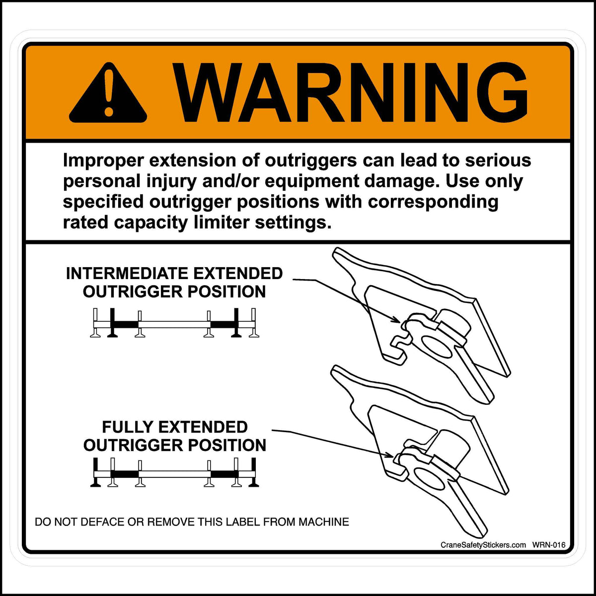 This Improper Extension of Outriggers Warning Sticker Is Printed With. Warning, Improper extension of outriggers can lead to serious personal injury and-or equipment damage. Use only specified outrigger positions with corresponding rated capacity limiter settings.