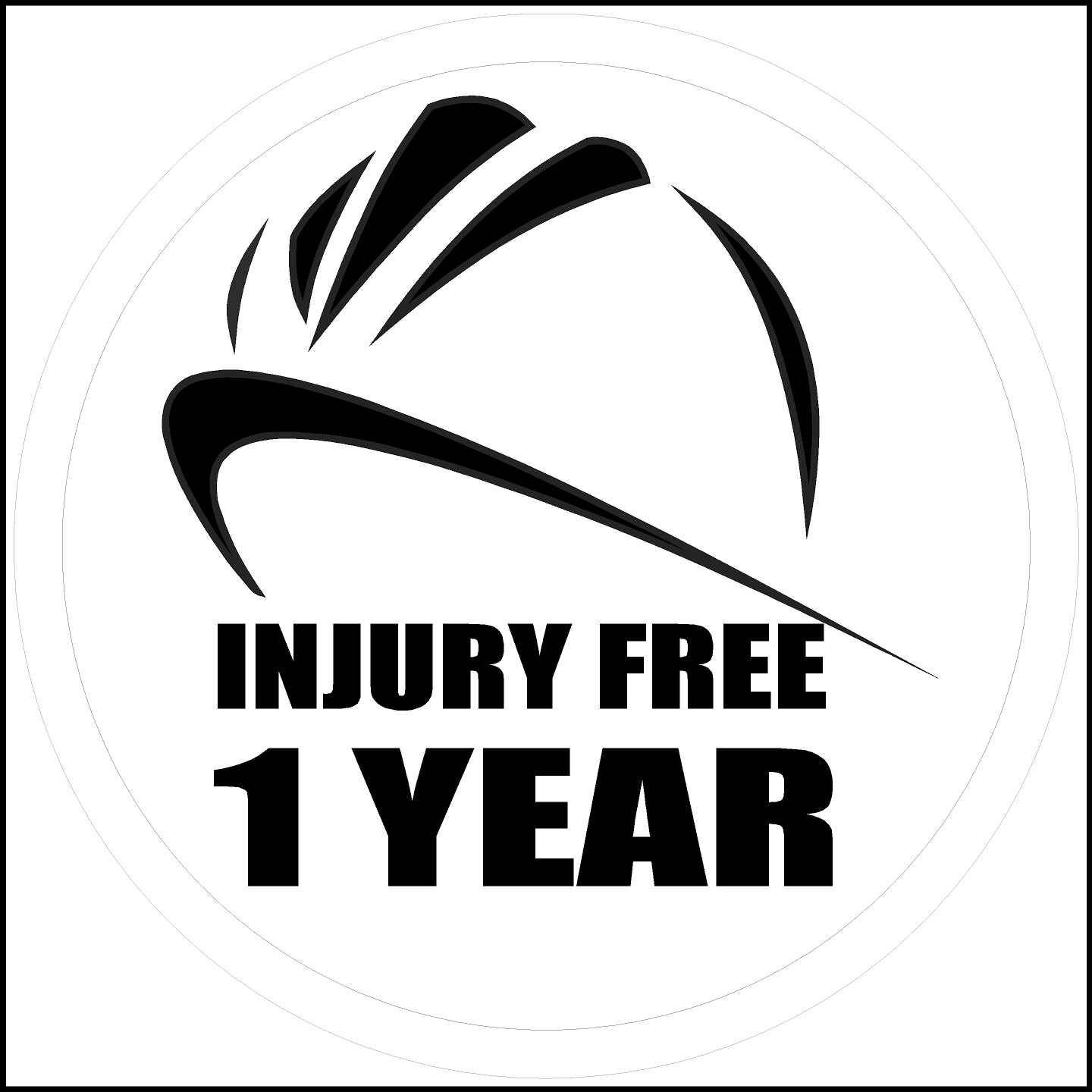 One year injury free sticker printed in black and white.