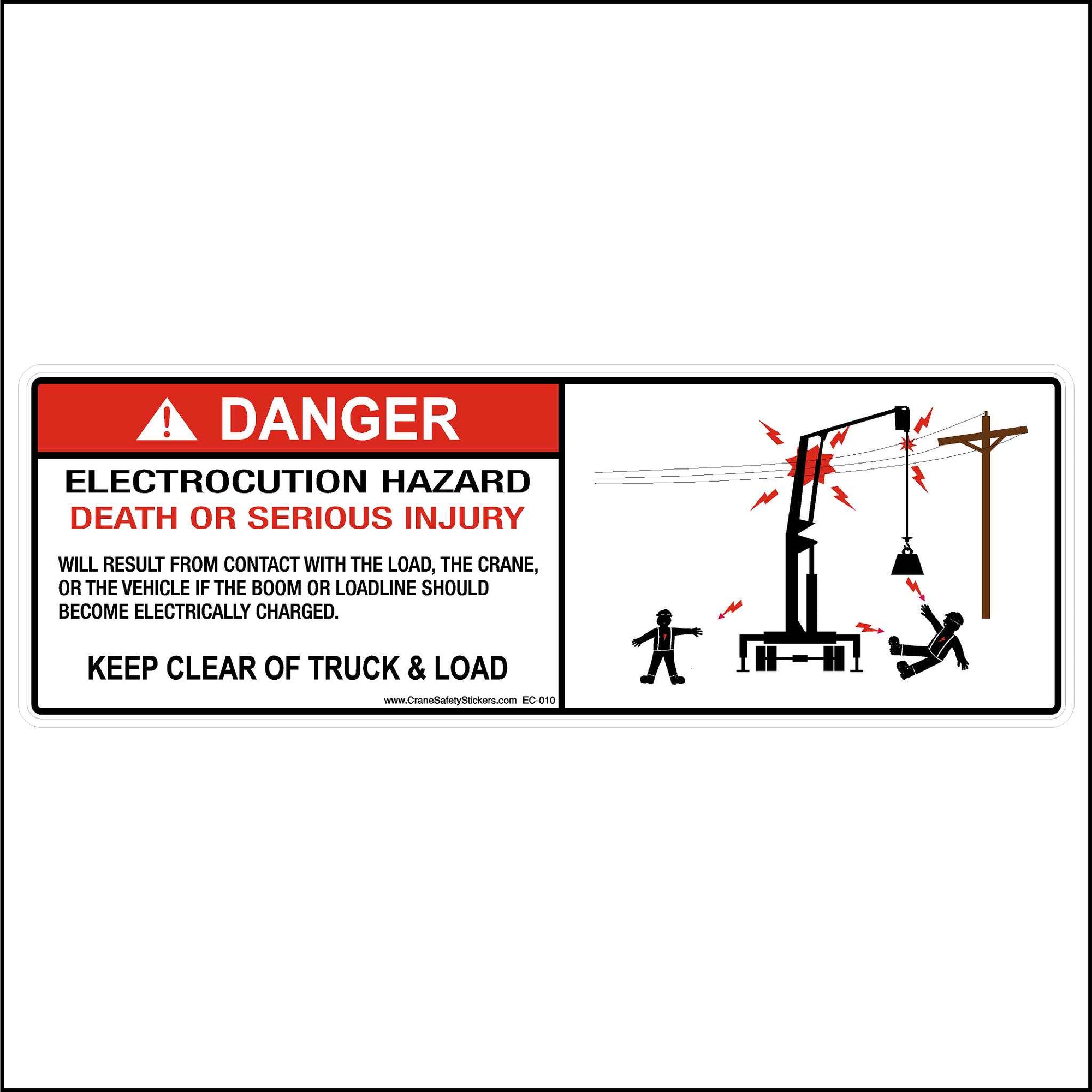 Keep Clear Of Truck And Load Sticker crane sticker 265100184 Printed with. DANGER. ELECTROCUTION HAZARD. DEATH OR SERIOUS INJURY WILL RESULT FROM CONTACT WITH THE LOAD, THE CRANE, OR THE VEHICLE IF THE BOOM OR LOADLINE SHOULD BECOME ELECTRICALLY CHARGED.