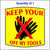 Keep Your Hands off My Tools Sticker. Yellow Background, Black Hands and Red Lettering.