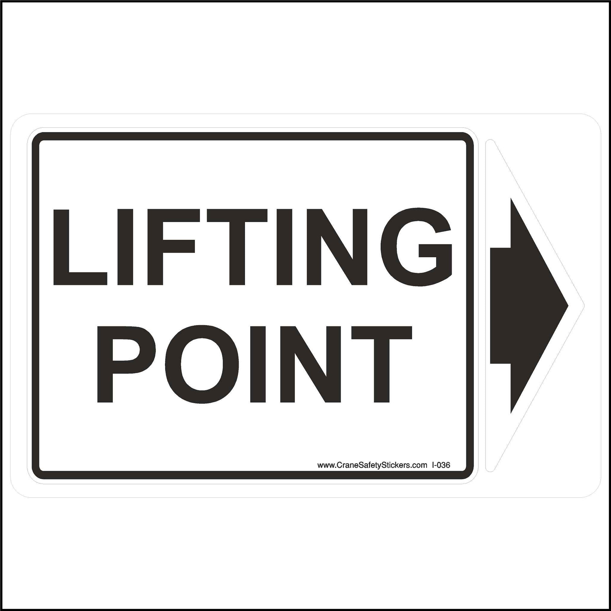 Lift point stickers. One printed with the words in Lifting Point in black. The other is an arrow printed in black.