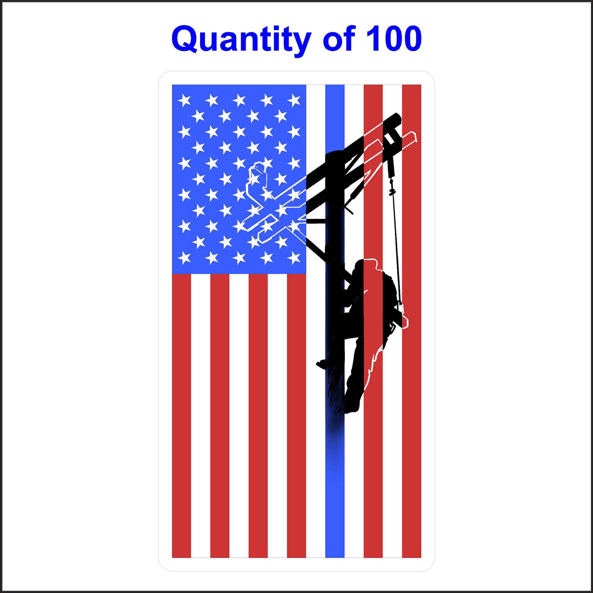 A graphic showing a lineman&#39;s silhouette on a utility pole, superimposed on an American flag with a blue line representing support for law enforcement. This symbolizes the lineman&#39;s contribution to the country and their connection to first responders. 100 Quantity.