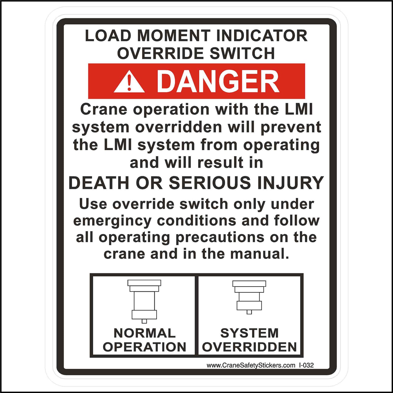 This Load Moment Indicator Override Switch Decal Is Printed With. LOAD MOMENT INDICATOR OVERRIDE SWITCH.  DANGER  Crane operation with the LMI system overridden will prevent the LMI system from operating and will result in DEATH OR SERIOUS INJURY.  Use override switch only under emergency conditions and follow all operating precautions on the crane and in the manual.