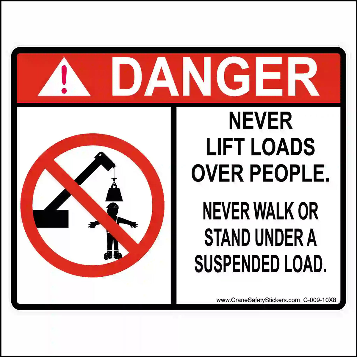 Danger decal: Never lift loads over people for crane safety.