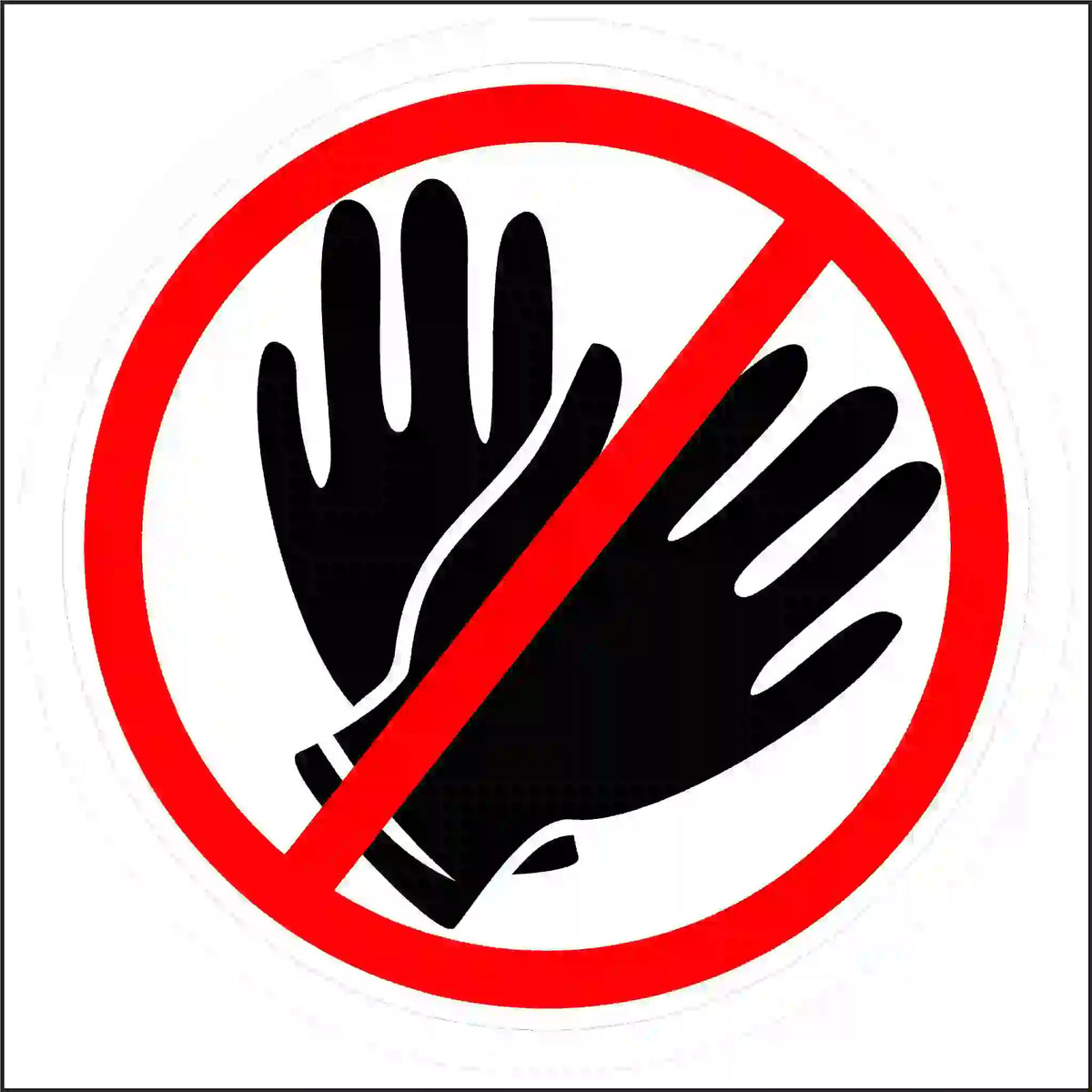 Round No Hands Do Not Touch sticker with two overlapping black hand silhouettes beneath a red circle-and-slash symbol on white.