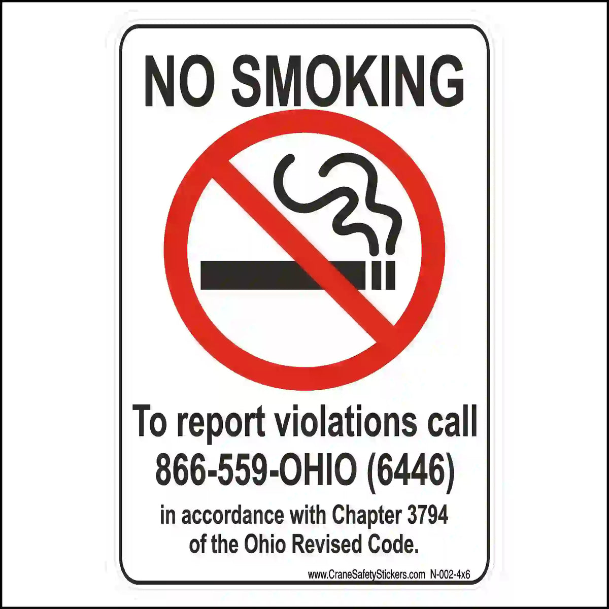 A white rectangular sign with "NO SMOKING" text, a red no-smoking symbol, and an Ohio violation reporting phone number.