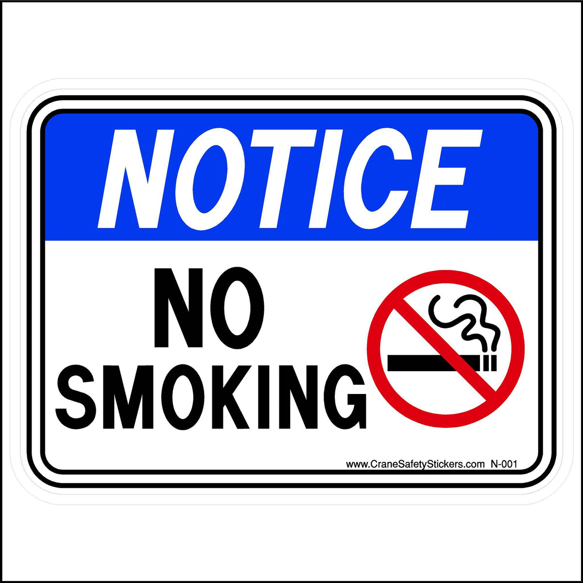 Notice No Smoking Sign. This sign has the blue ANSI NOTICE header with the words no smoking in black. A pictural of a cigarette with the universal red &quot;no symbol&quot; over it.