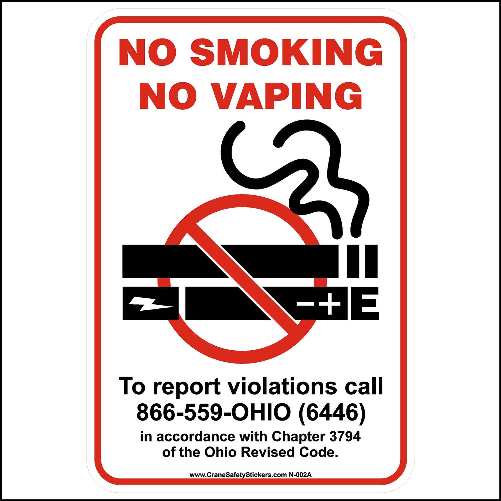 Ohio chapter 3794 No Smoking and No Vaping Sticker.