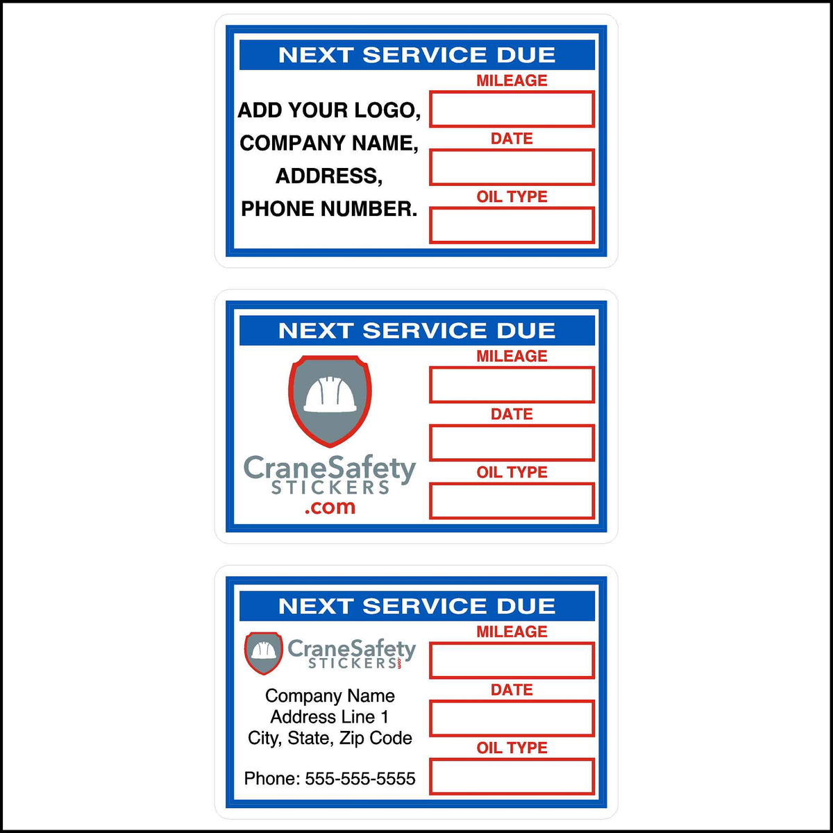 Three variations of a sticker to indicate the next service due mileage, date, and oil type, with customizable logo and contact information.