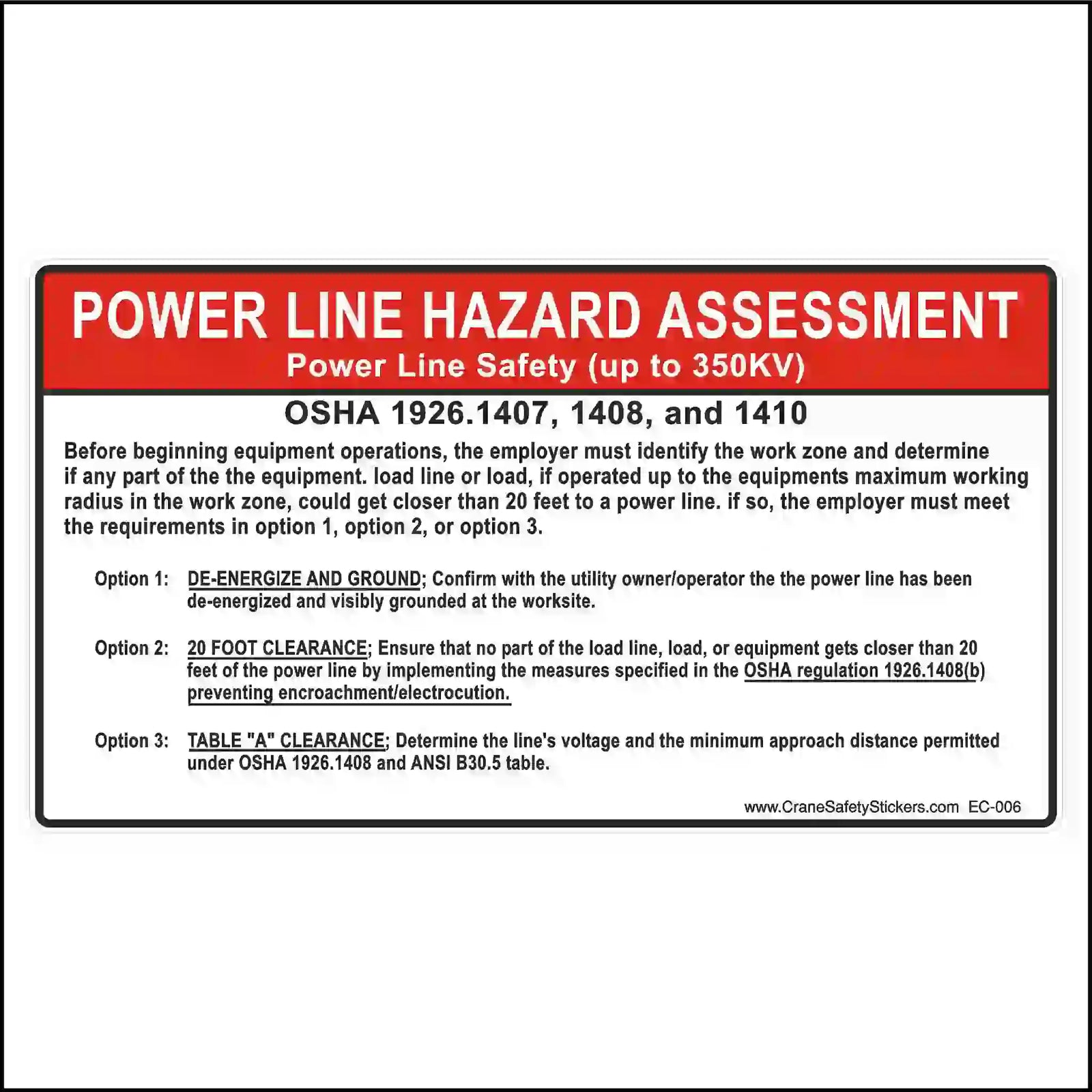 Power line hazard assessment sign with OSHA regulations on a white background