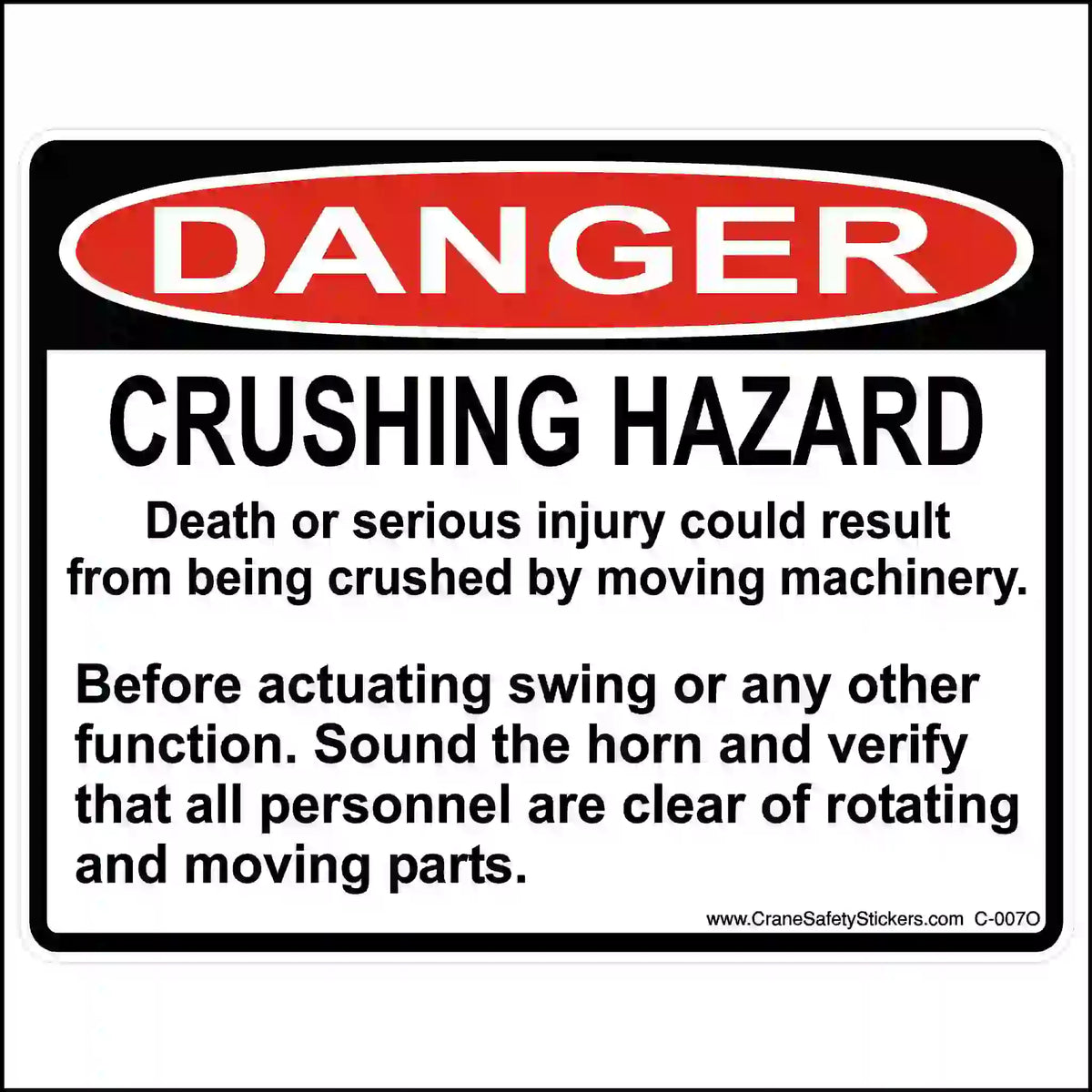 Safety sign warning about crushing hazard and machinery operation
