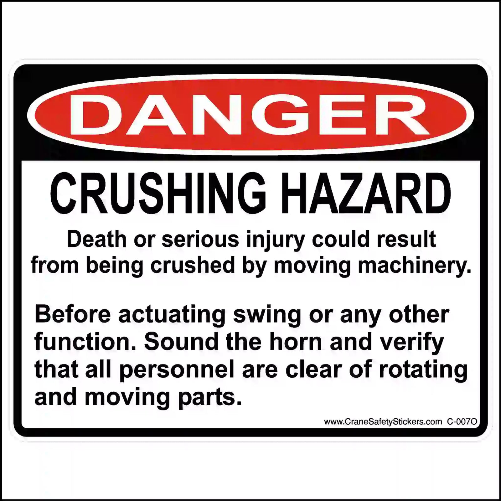 Safety sign warning about crushing hazard and machinery operation