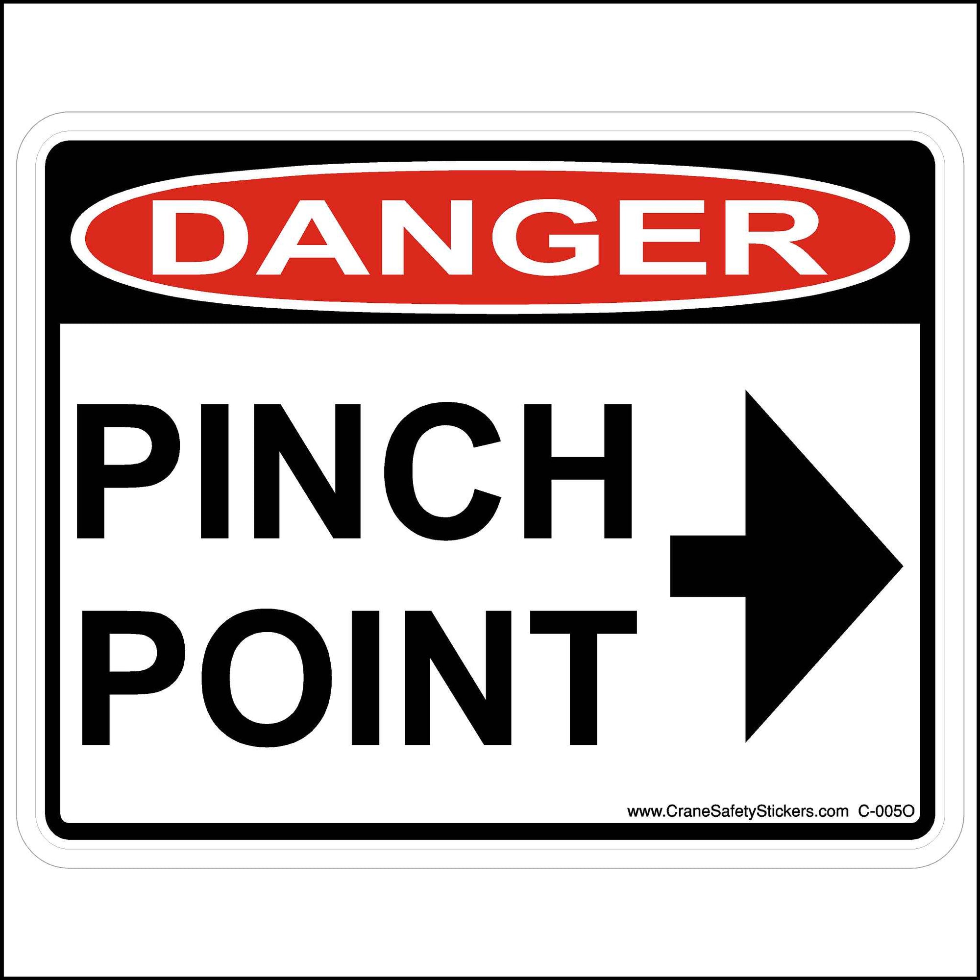 Red White and Black OSHA Pinch Point Sticker With An Arrow Pointing Right.
