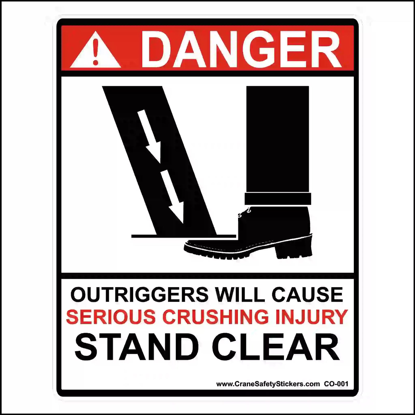 Safety decal warning about outriggers causing serious crushing injury and instructing to stand clear.
