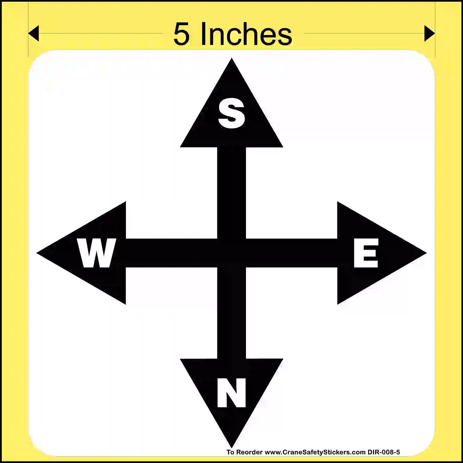 Black compass direction symbols (N, S, E, W) on a white background with yellow border and text indicating 5 inches.