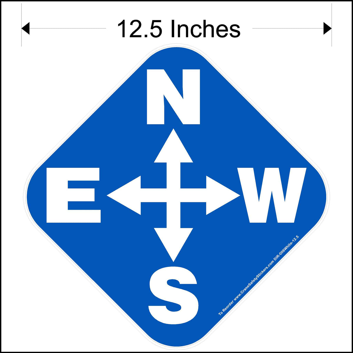 Overhead directional crane decal with white lettering and blue background. Decal size is 12.5 inches square.
