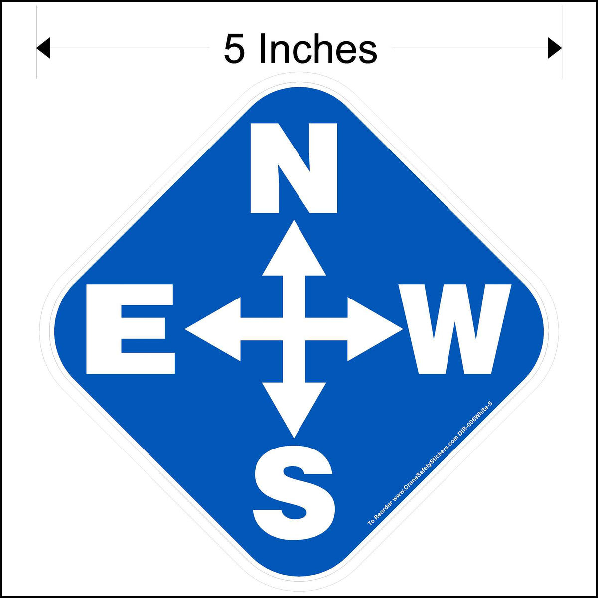 Overhead directional crane decal with white lettering and blue background. Decal size is 5 inches square.