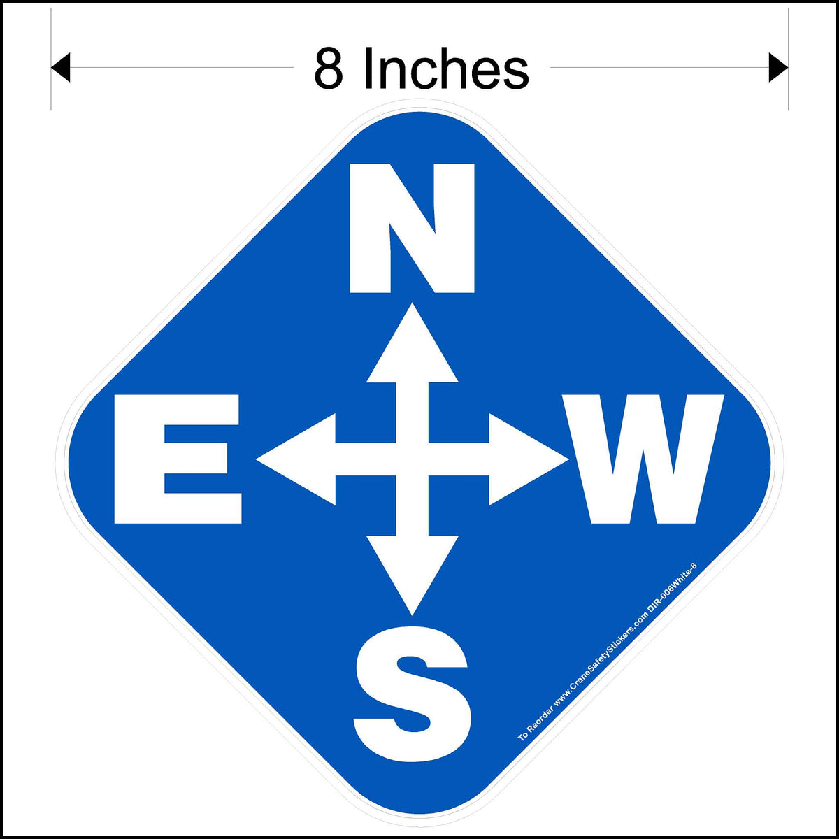Overhead directional crane decal with white lettering and blue background. Decal size is 8 inches square.