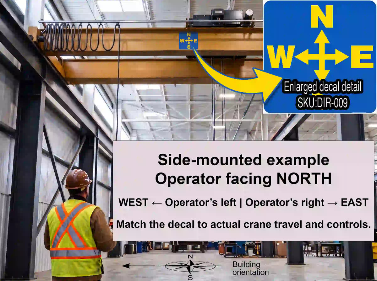 Side-mounted DIR-009 crane decal guide showing an operator facing north, west left and east right, with a floor compass.