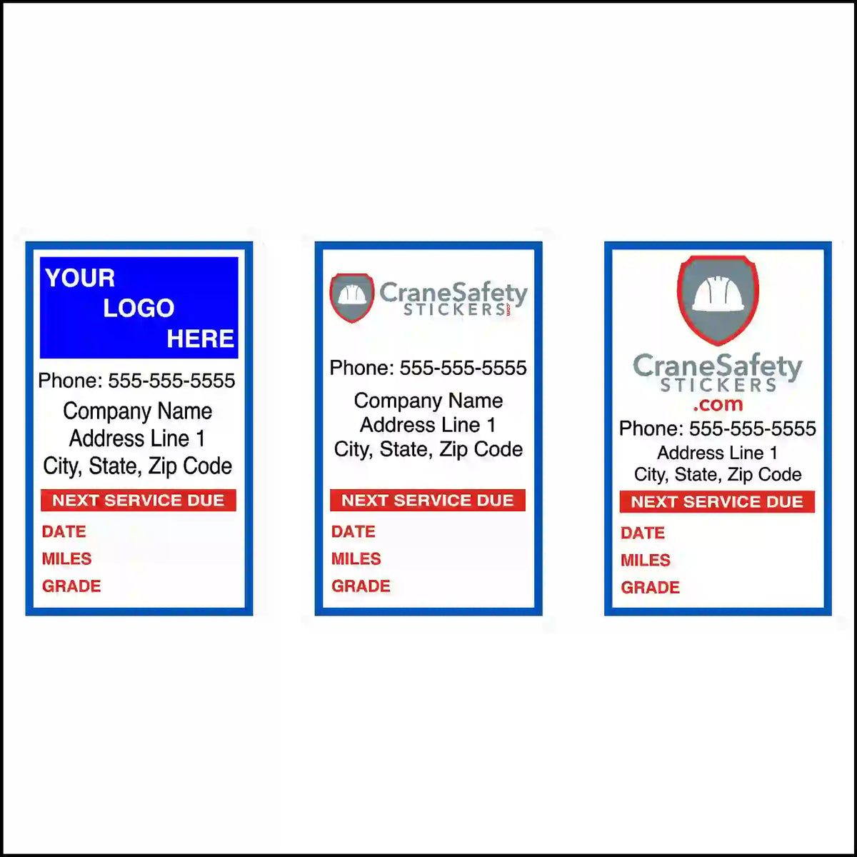 Three personalized oil change sticker layout examples with blue borders, logo and business-contact areas, red NEXT SERVICE DUE headings, and DATE, MILES and GRADE fields.