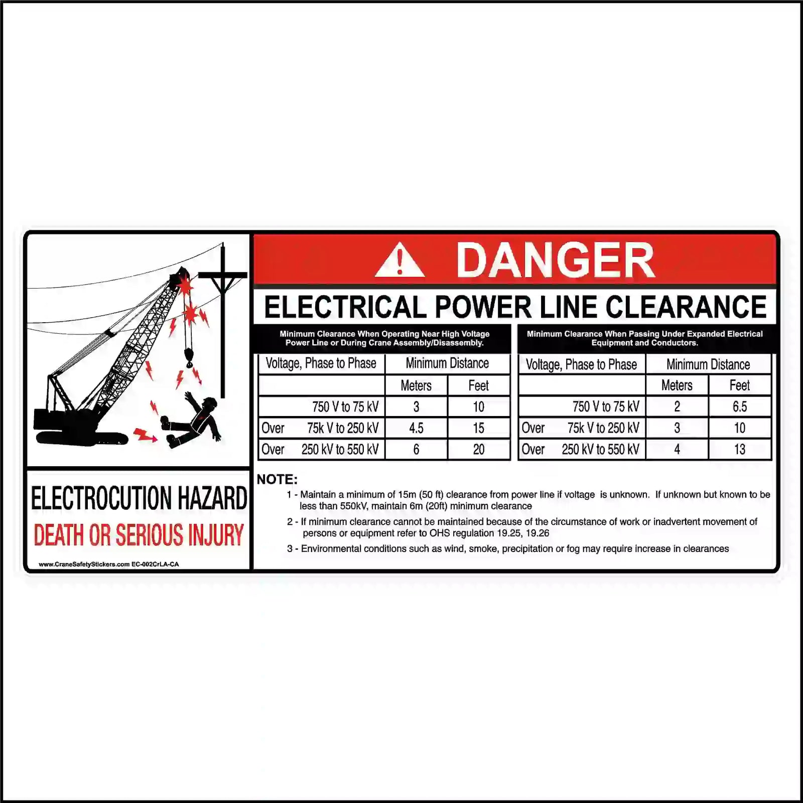 Safety label warning about electrical power line clearance with illustrations and text.