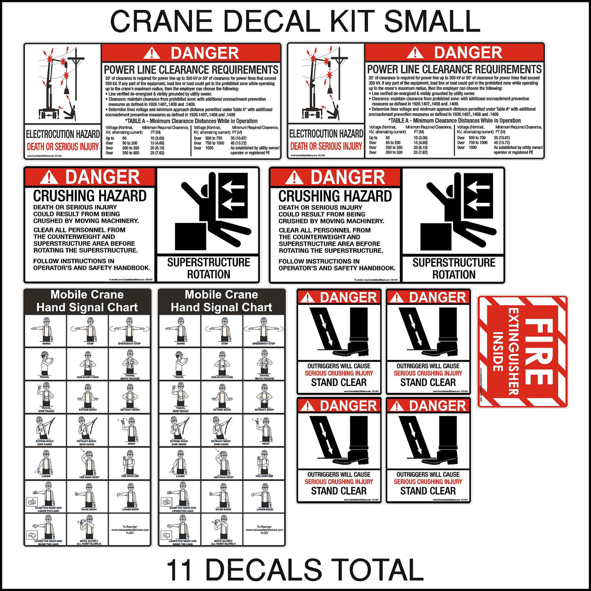 This small crane replacement sticker kit includes some of our most popular selling Crane Safety Decals. This kit contains 11 decals in total. This Small Crane and Boom Truck Safety Sticker Kit contains the stickers you need for most small cranes to pass certification including the following. Outrigger Crush, Mobile Crane Hand Signal Charts, Superstructure Rotation, Power Line Clearance Requirements, and Fire Extinguisher.