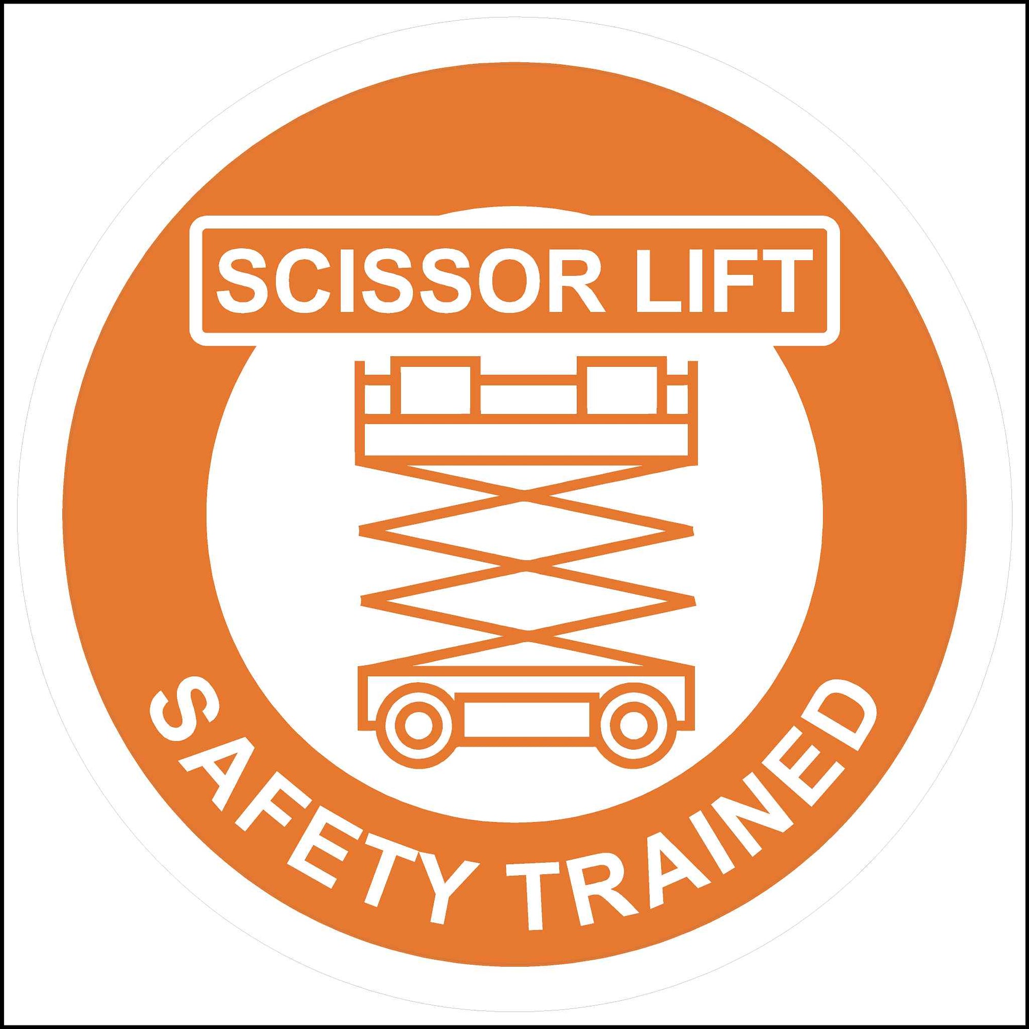 Scissor Lift Safety Trained Hard Hat Safety Stickers printed in orange and white.