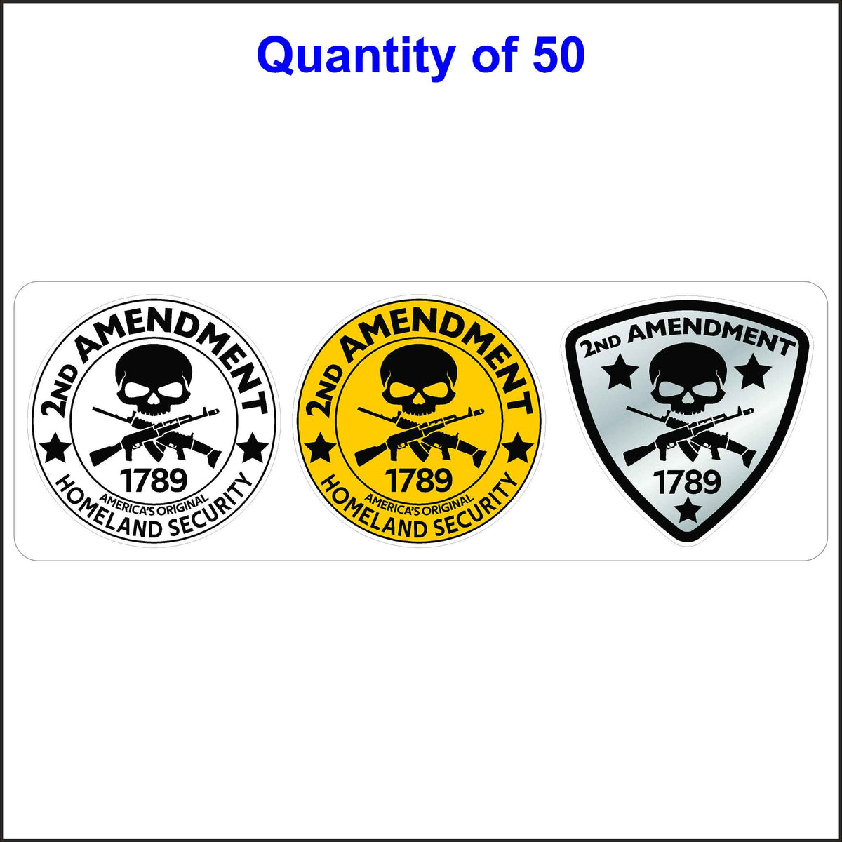 Second Amendment Sticker With Skulls 3 Pack. 3 Different 2nd Amendment Stickers One of Each in White, Yellow and Gray All With Black Letters. Quantity of 50, 3 packs.