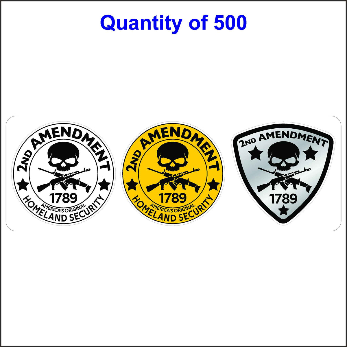 Second Amendment Sticker With Skulls 3 Pack. 3 Different 2nd Amendment Stickers One of Each in White, Yellow and Gray All With Black Letters. Quantity of 500, 3 packs.