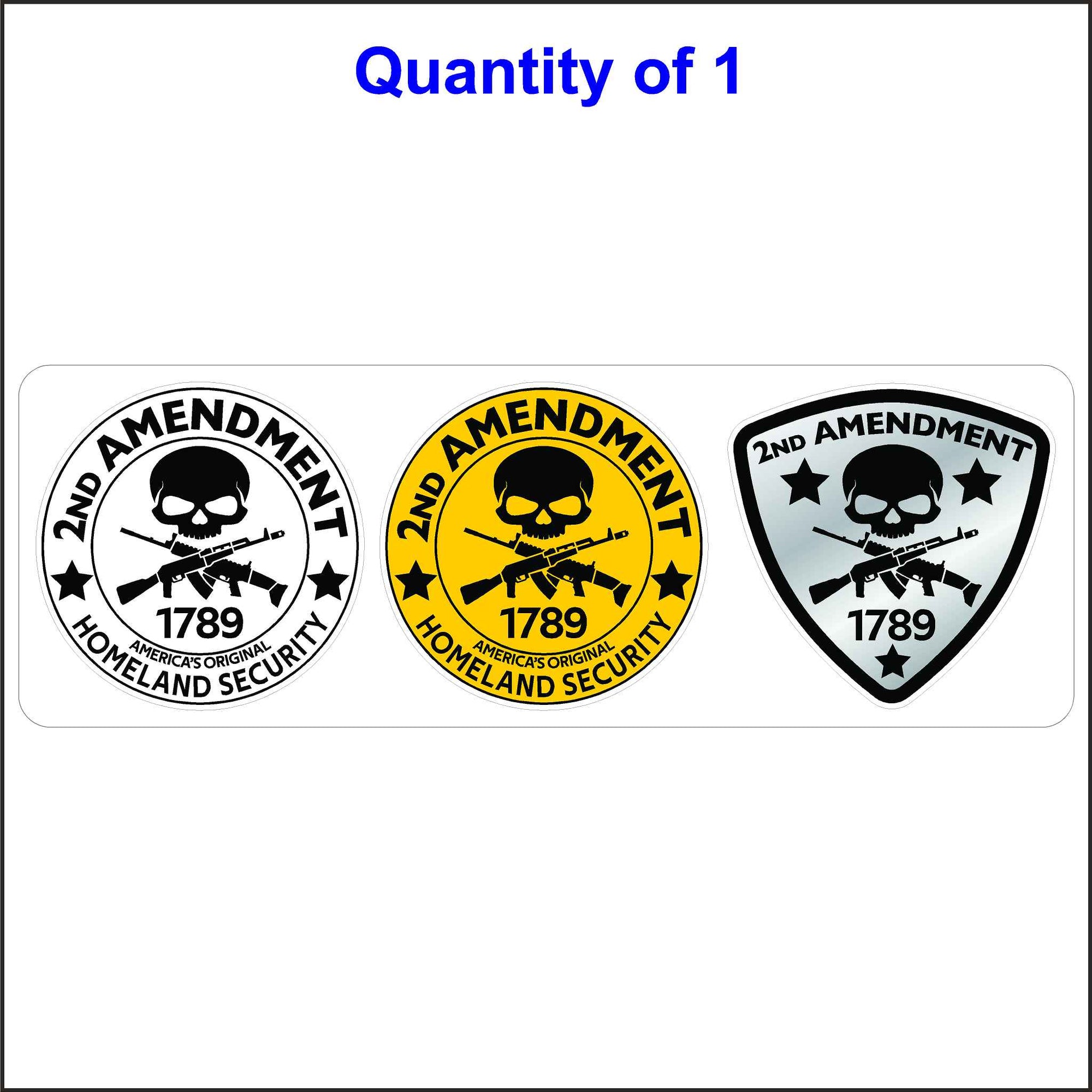 Second Amendment Sticker With Skulls 3 Pack. 3 Different 2nd Amendment Stickers One of Each in White, Yellow and Gray All With Black Letters.