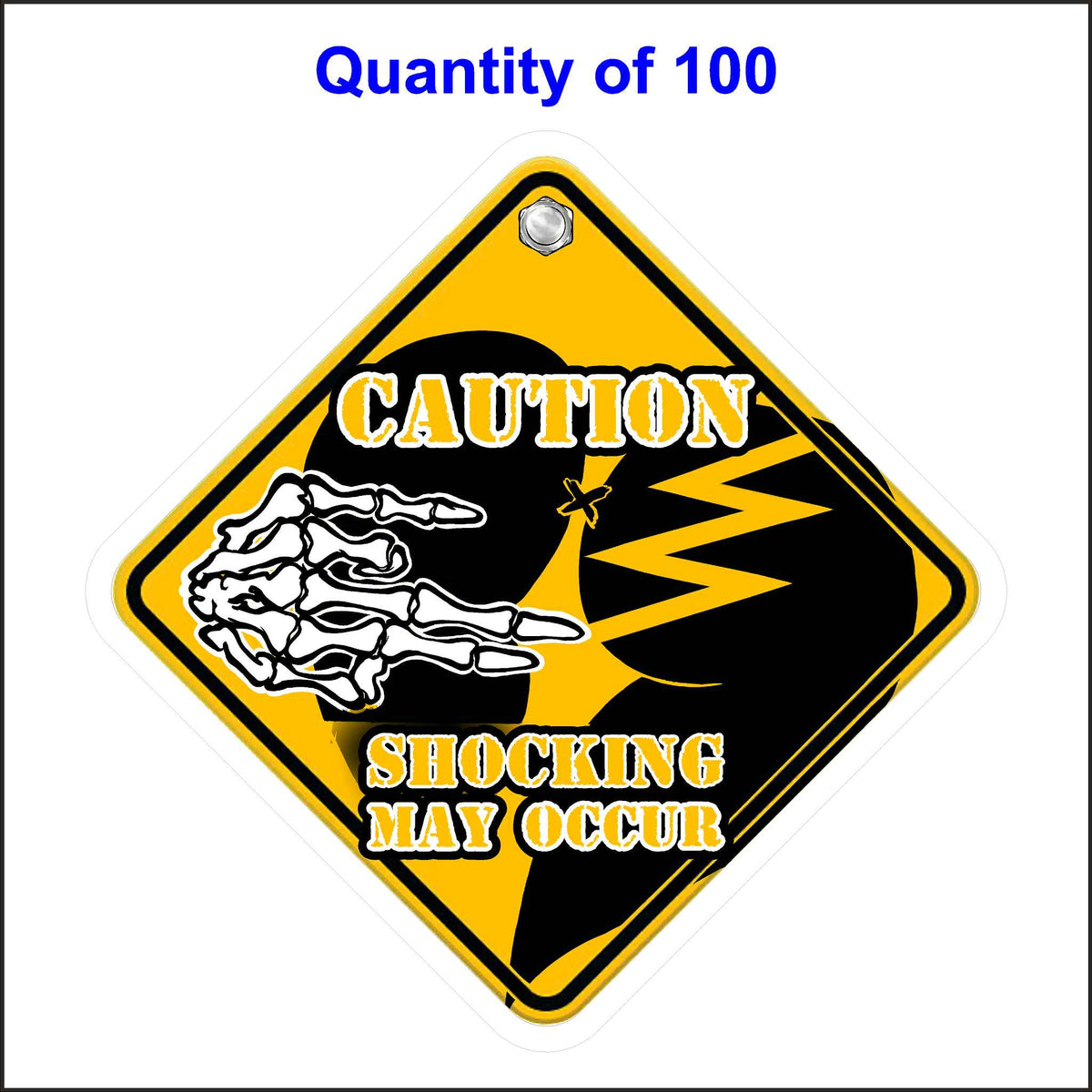 A yellow diamond-shaped caution sign with a black silhouette of a person being electrocuted. A skeletal hand reaches out towards the person&#39;s head, and lightning bolts emanate from the point of contact. The text &quot;CAUTION SHOCKING MAY OCCUR&quot; is printed below. 100 Quantity.