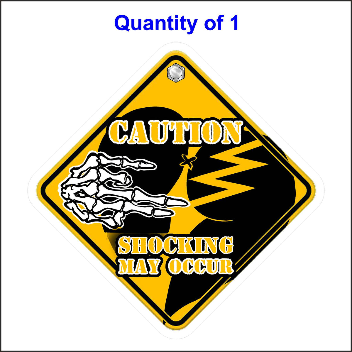 A yellow diamond-shaped caution sign with a black silhouette of a person being electrocuted. A skeletal hand reaches out towards the person&#39;s head, and lightning bolts emanate from the point of contact. The text &quot;CAUTION SHOCKING MAY OCCUR&quot; is printed below.