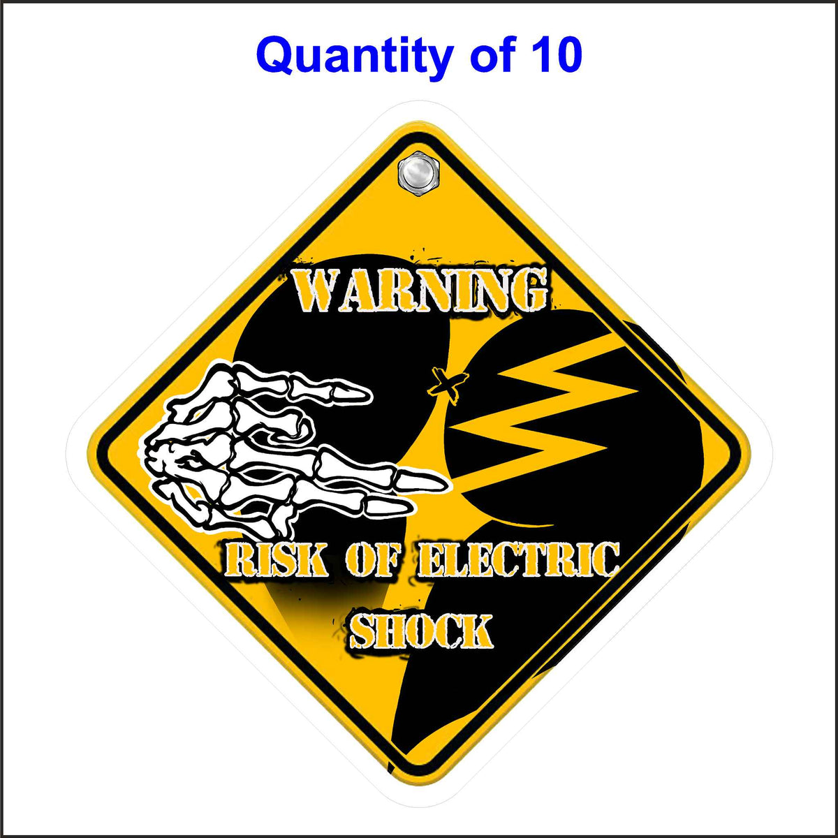 A yellow diamond-shaped warning sign with a black silhouette of a person being electrocuted. A skeletal hand reaches out towards the person&#39;s butt, and lightning bolts emanate from the point of contact. The text &quot;WARNING RISK OF ELECTRIC SHOCK&quot; is printed below. 10 Quantity.