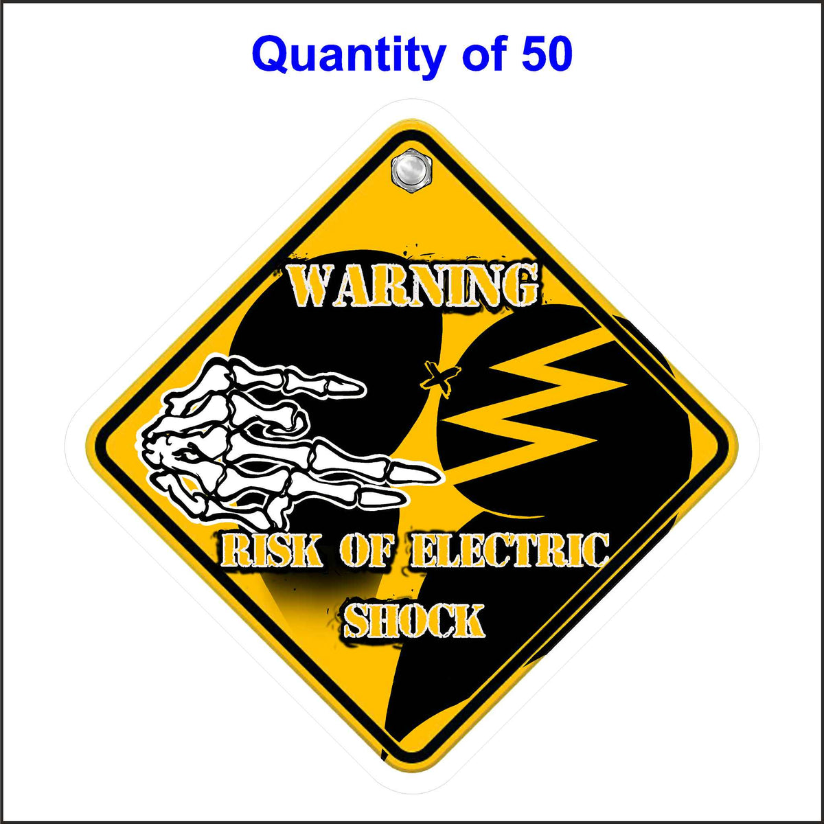 A yellow diamond-shaped warning sign with a black silhouette of a person being electrocuted. A skeletal hand reaches out towards the person&#39;s butt, and lightning bolts emanate from the point of contact. The text &quot;WARNING RISK OF ELECTRIC SHOCK&quot; is printed below. 50 Quantity.