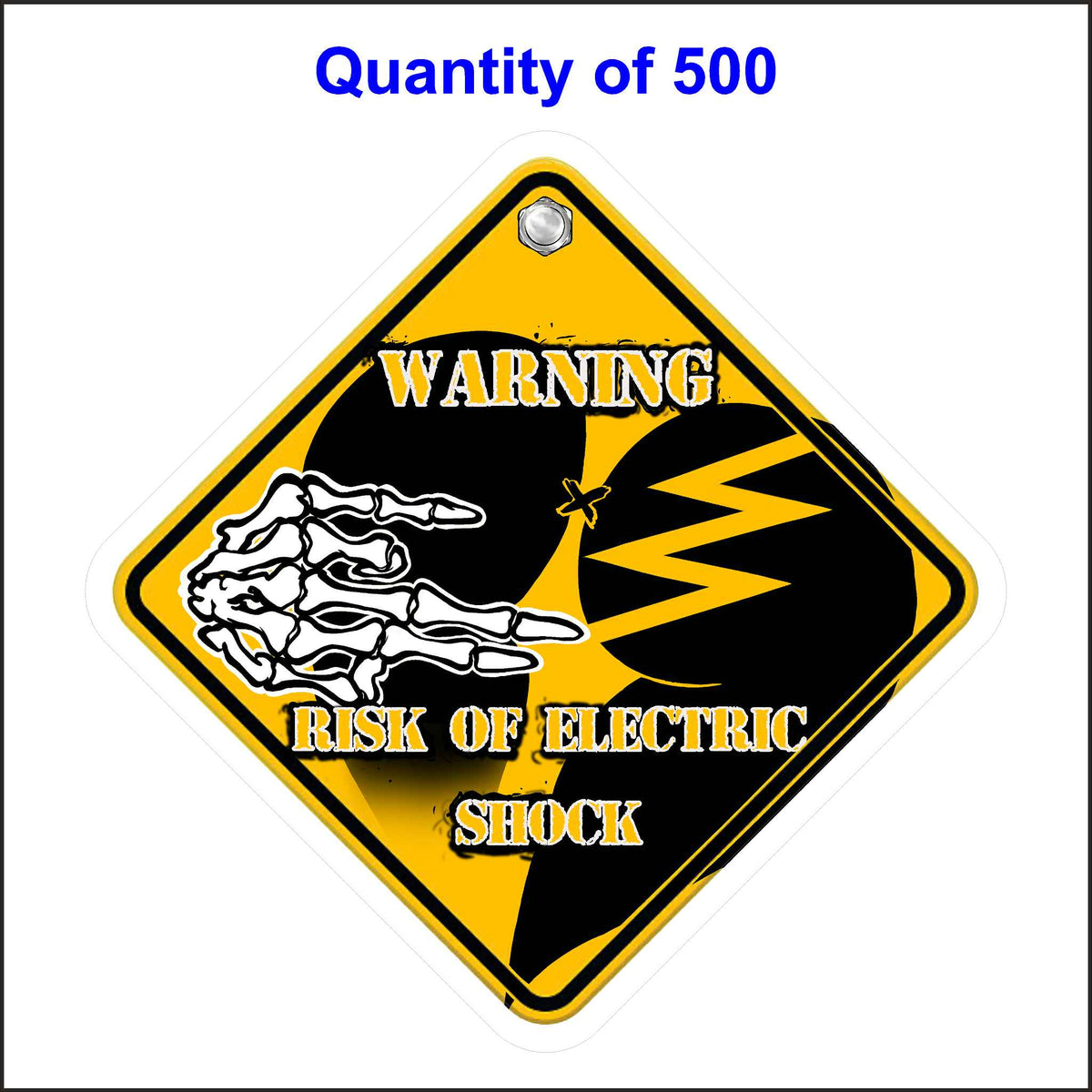 A yellow diamond-shaped warning sign with a black silhouette of a person being electrocuted. A skeletal hand reaches out towards the person&#39;s butt, and lightning bolts emanate from the point of contact. The text &quot;WARNING RISK OF ELECTRIC SHOCK&quot; is printed below. 500 Quantity.