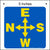 5 Inch overhead crane directional decal. Printed with yellow East, South, West, and North Arrows on a blue background.